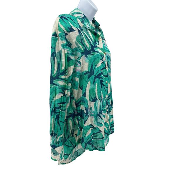 Blue Island Button Up Shirt Sz L Teal Tropical Leaf Hi Low Long Sleeve Cover Up - Picture 2 of 8